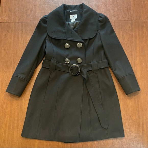 Worthington Petite Black Fitted Double-Breasted Belted Wool Blend Dress Coat PS - Picture 5 of 16